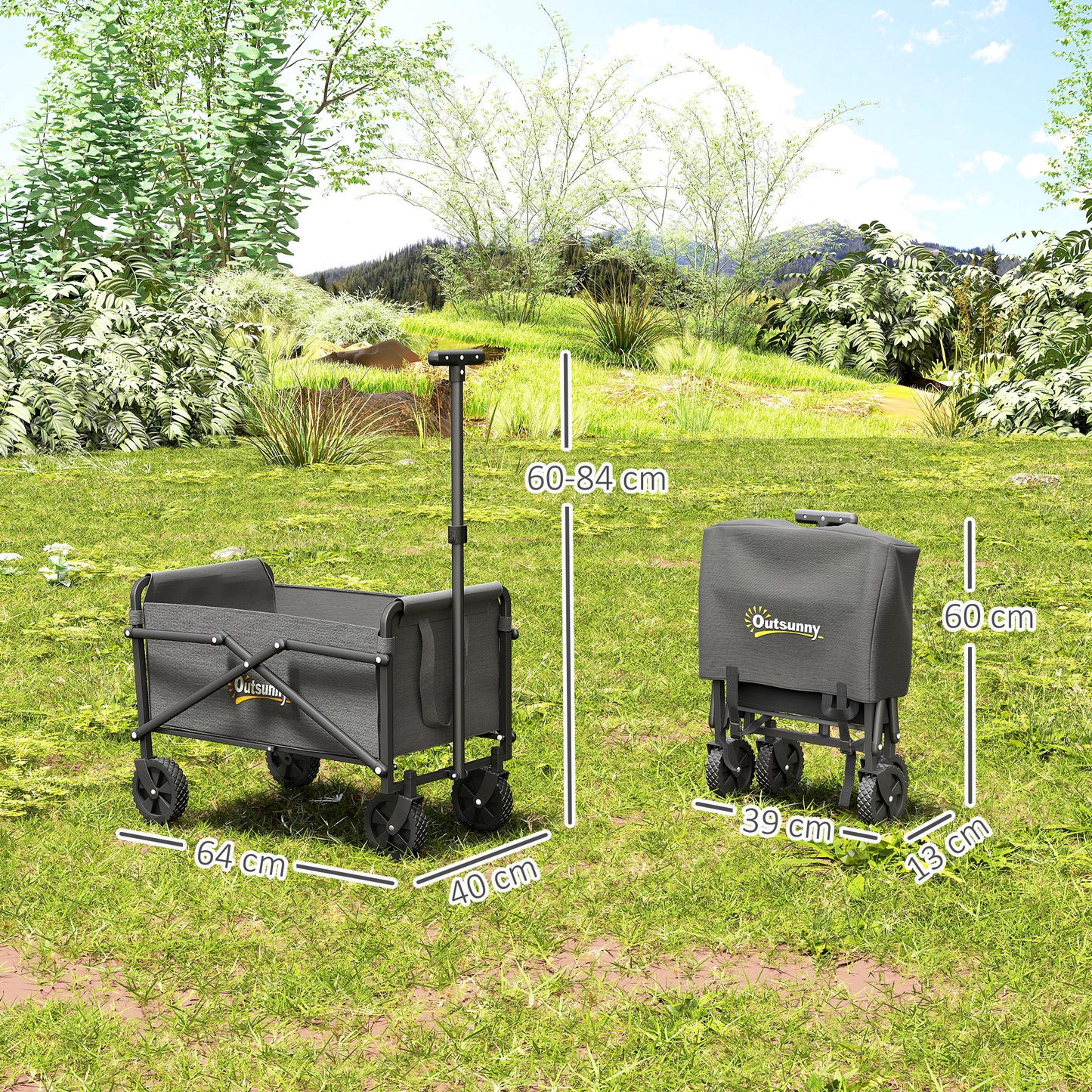 Outsunny 41L Festival Trolley on Wheels, Compact Garden Folding Trolley Cart, 60kg Heavy Duty Collapsible Foldable Wagon with Adjustable Handle and Carrying Bag for Beach, Camping, Festival, Grey
