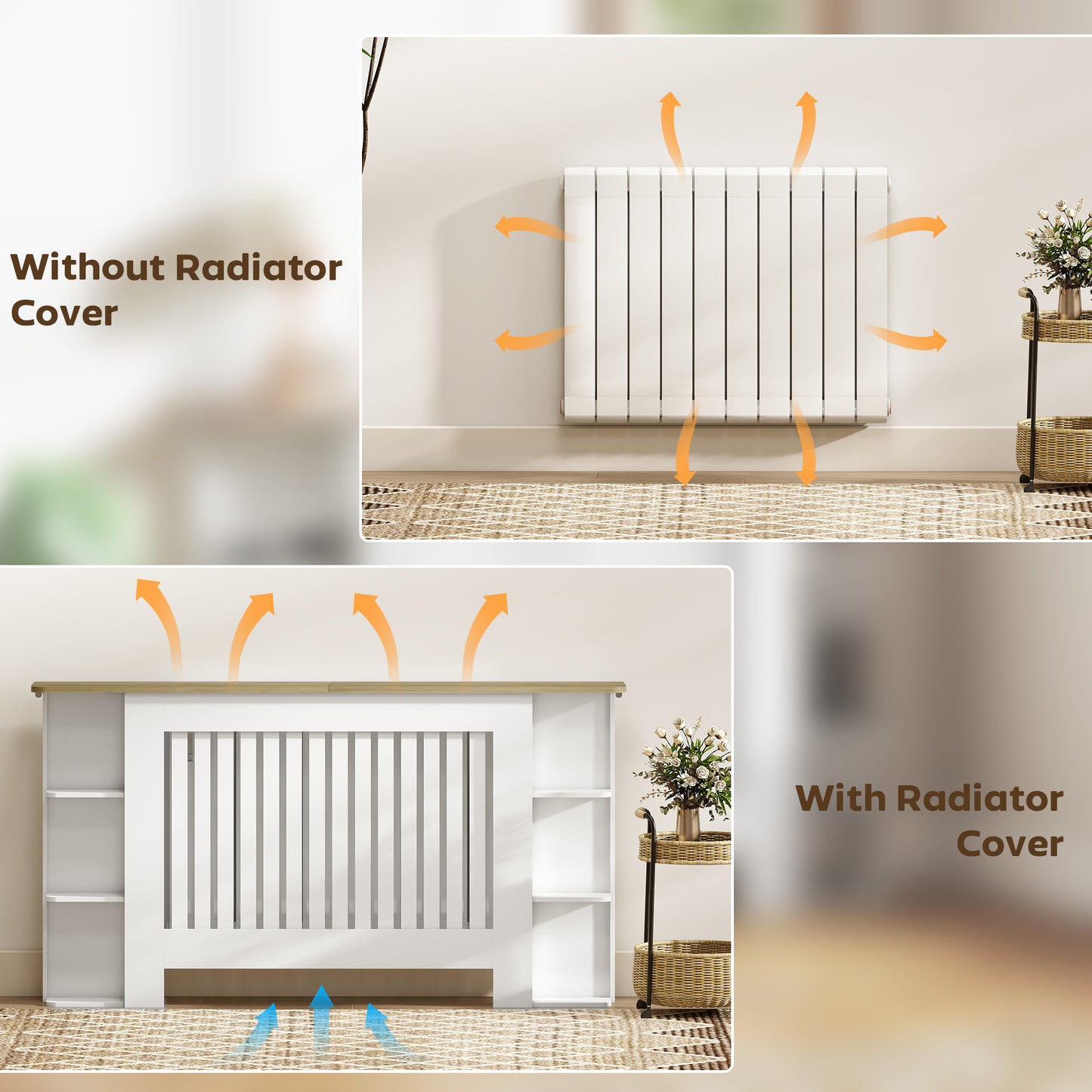 HOMCOM Radiator Cover with Open Storage Shelves, Vertical Slatted Cabinet Shelf Heater Cover for Living Room, Hallway, Large, White