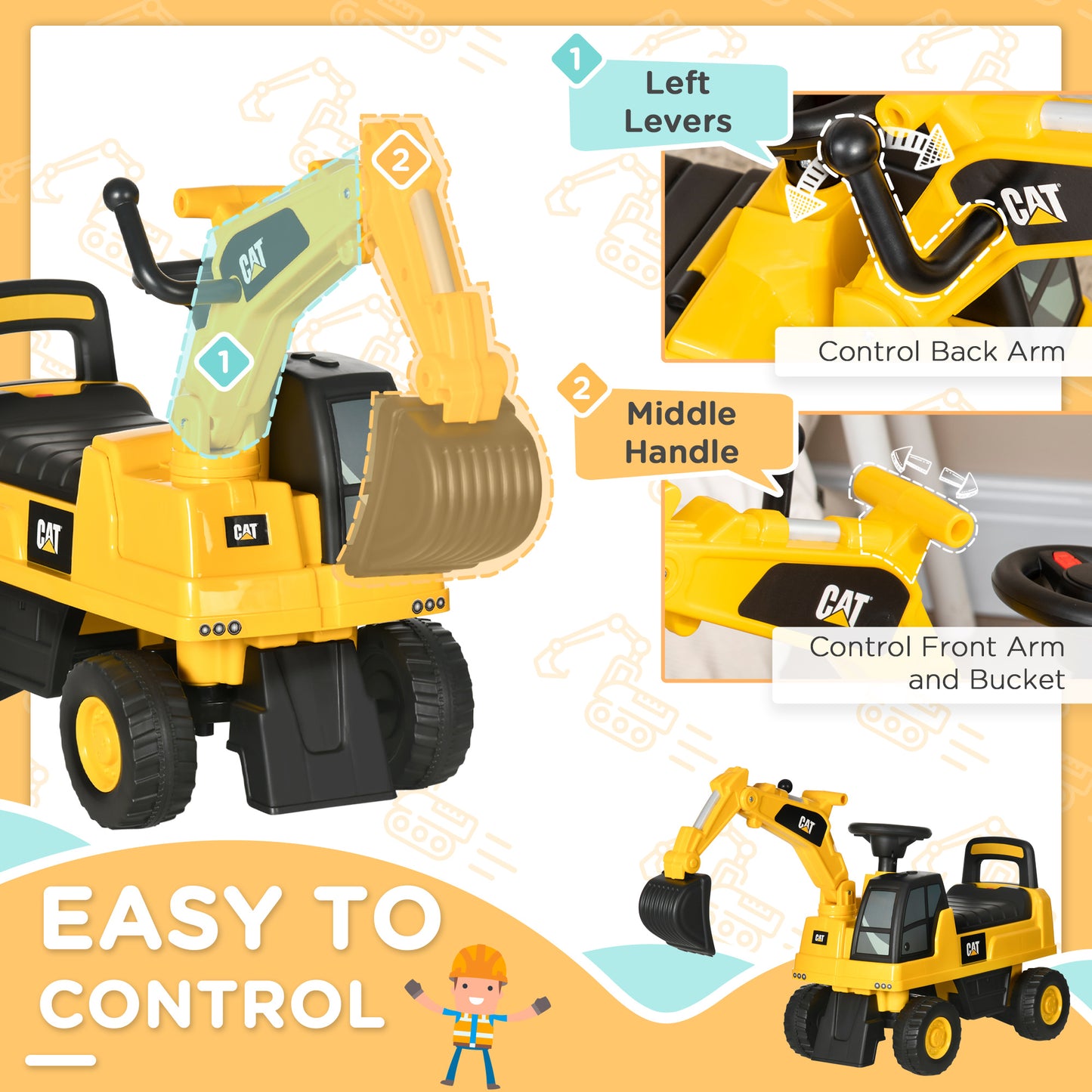 HOMCOM CAT Licensed Kids Ride on Digger Toddler Pretend Construction Play Toy Foot-To-Floor Ride-On Toy w/ Manual Shovel, Horn, Hidden Storage, for Ages 1-3 Years--ChewyGames-ChewyGames