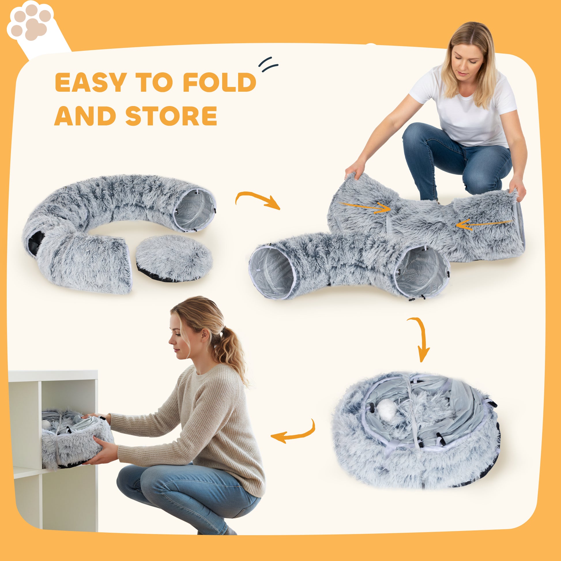 PawHut 2-in-1 Donut Cat Tunnel with Washable Bed, Play Tunnel Bed with Toy Ball and Door Hole for Indoor Cats, Light Grey--ChewyGames-ChewyGames