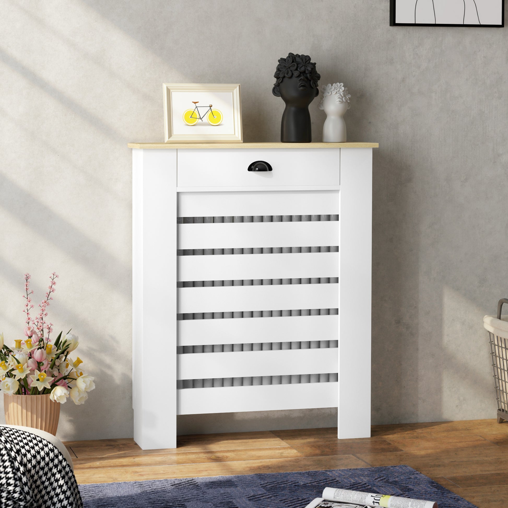 HOMCOM 95.5H x 78Wcm Radiator Cover, with Drawer - White--ChewyGames-ChewyGames