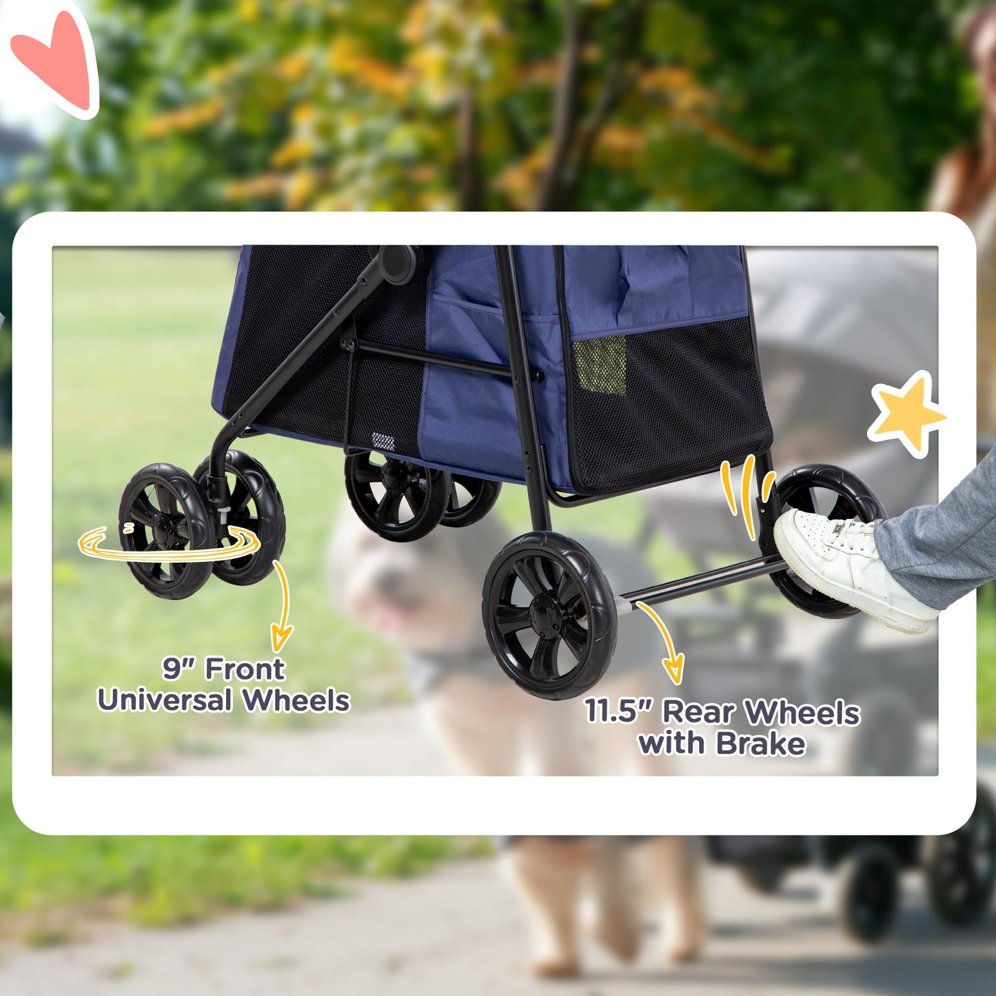 PawHut Dog Pram Dog Stroller 4 Wheels Pet Pushchair with Rolling Door, Cushion, Safety Leashes, for Small and Medium Breeds, Dark Blue