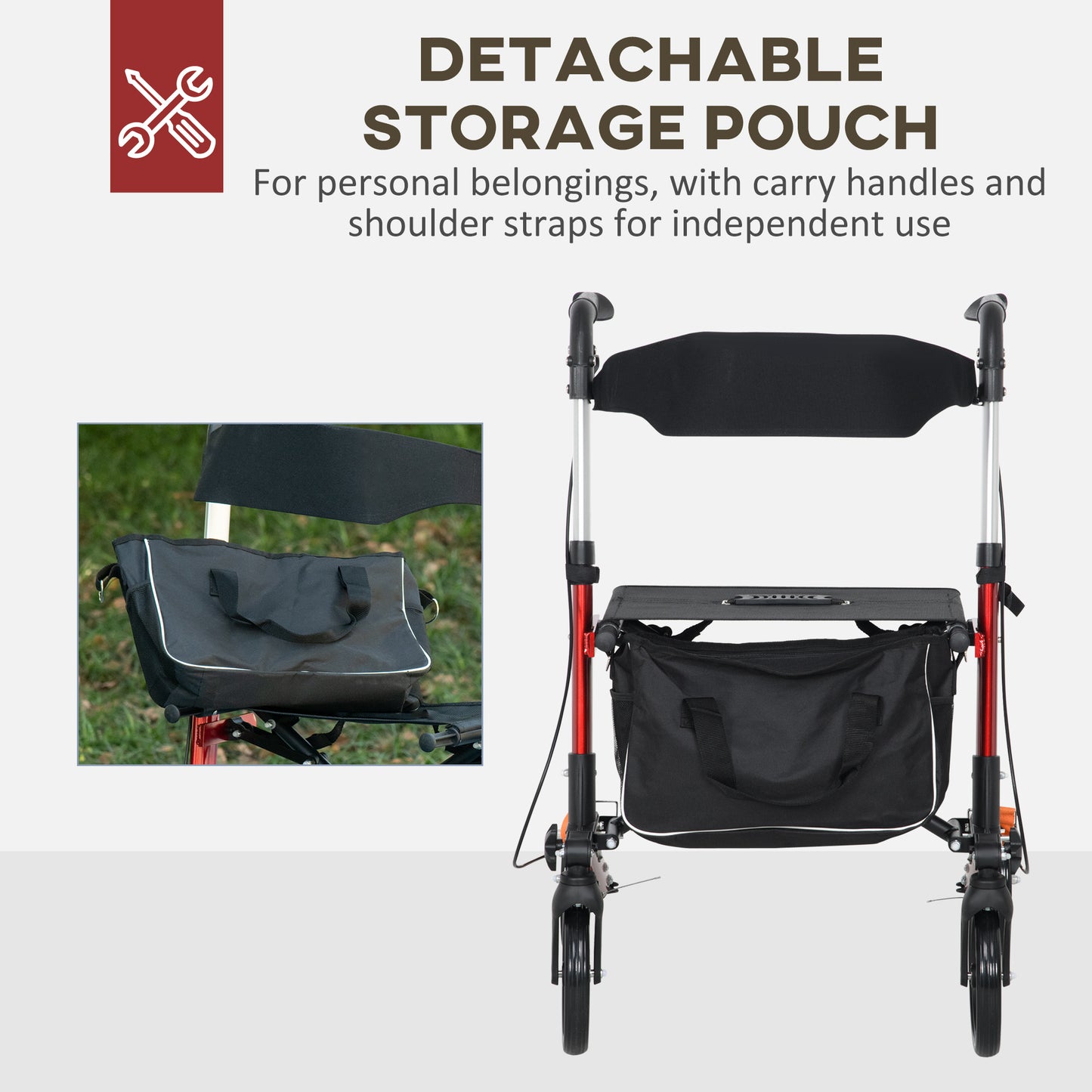 HOMCOM Folding Rollator Walker with 6 Adjustable Handle Height for People with Limited Mobility, Red