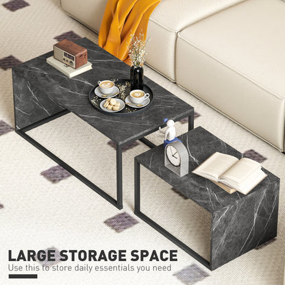 HOMCOM Nesting Coffee Table Set of 2, Industrial Stacking Side End Tables with Metal Frame for Living Room, Bedroom, Dark Grey Marble Effect