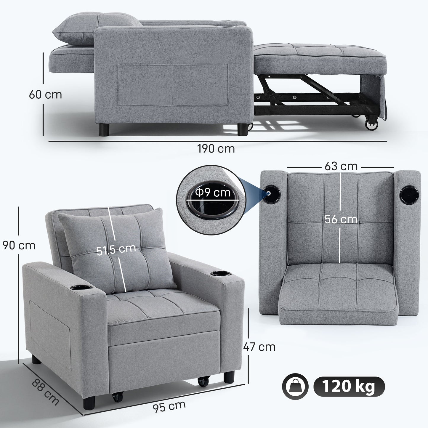 HOMCOM 3-in-1 Single Sofa Bed, Convertible Sleeper Chair Bed - Light Grey
