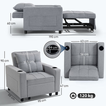 HOMCOM 3-in-1 Single Sofa Bed, Convertible Sleeper Chair Bed - Light Grey