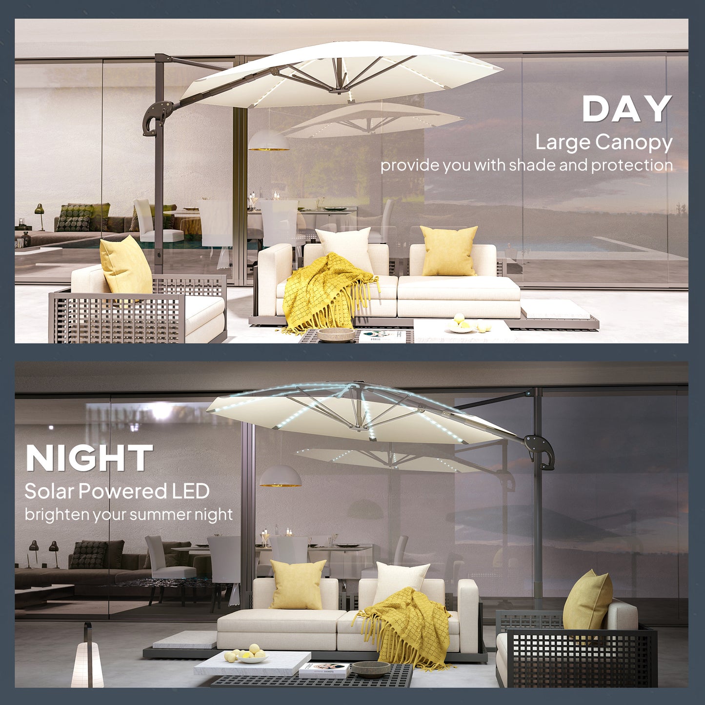 Outsunny 3(m) Cantilever Garden Parasol with Solar Powered Lights, Crank Handle & Cross Base, UPF 50+, 360° Rotation, Cream