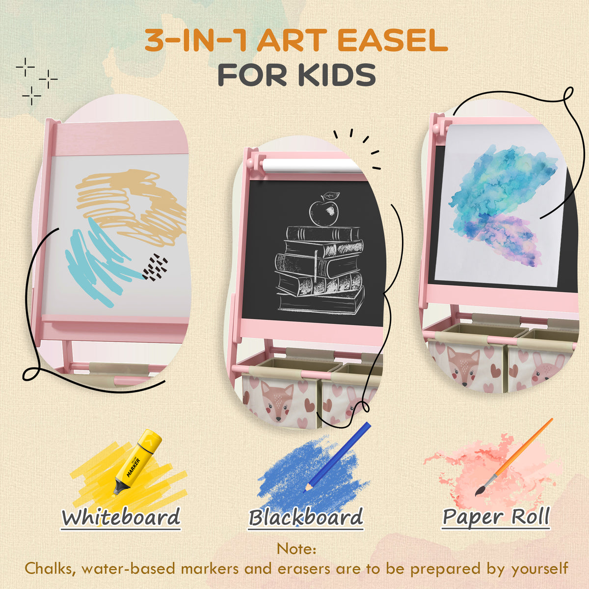 AIYAPLAY Three-In-One Kids Easel with Paper Roll, Art Easel, with Storage - Pink--ChewyGames-AIYAPLAY