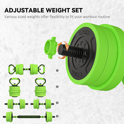 SPORTNOW 20kg 6-In-One Adjustable Weight Dumbbells Set, Barbell, Kettlebell, Push Up Stand - Green