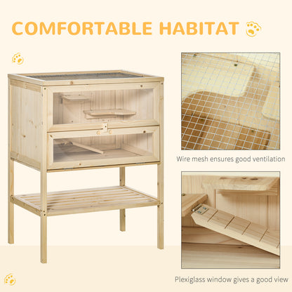 PawHut Wooden Hamster Cage with Storage Shelf, Small Animal Exercise Play House with Openable Top, Ramp for Gerbils, Drawf Hamsters, 60 x 40 x 80 cm - Natural