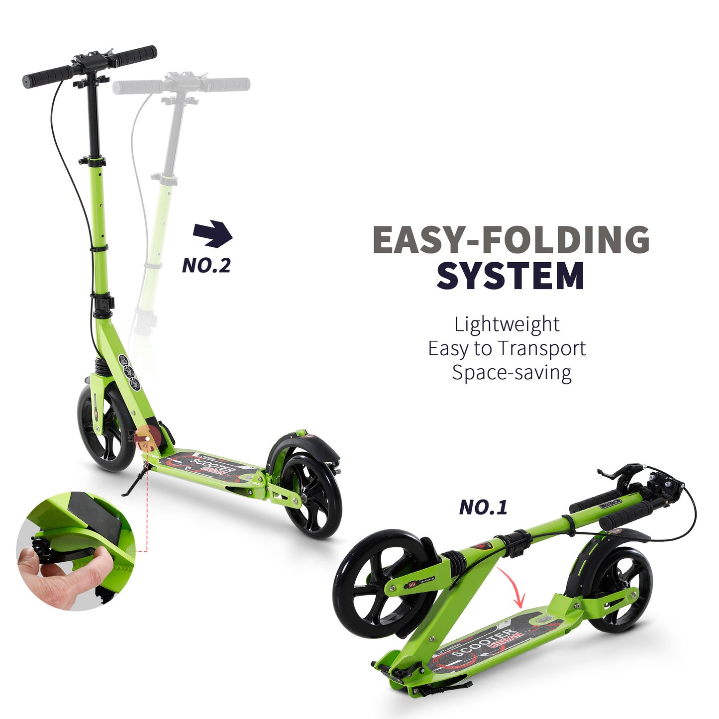 HOMCOM Kick Scooter, Folding 2 Wheel Scooter with Dual Brake System, Dual Suspension, 230mm Big Wheels and 3 Adjustable Handlebar, for 14+ Teens Adults, up to 100KG, Green