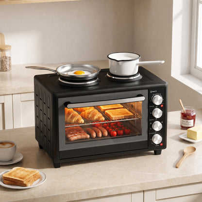 HOMCOM 36L Mini Oven with Dual Hot Plates, Electric Countertop Cooker with Convection, 90–230°C Adjustable Temperature