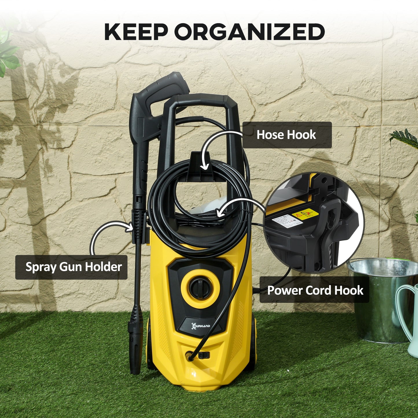DURHAND 1800W High Pressure Washer, 150 Bar Pressure, 510 L/h Flow, High-Performance Portable Power Washer Jet Wash Cleaner with 6M Hose, Snow Foam Bottle for Garden, Car, Furniture, Yellow