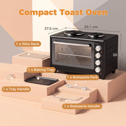 HOMCOM 36L Mini Oven with Dual Hot Plates, Electric Countertop Cooker with Convection, 90–230°C Adjustable Temperature