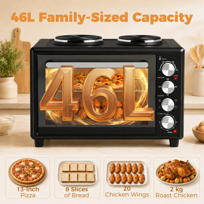 HOMCOM 46L Mini Oven with Dual Hot Plates, Electric Countertop Cooker with Convection, 90–230°C Adjustable Temperature