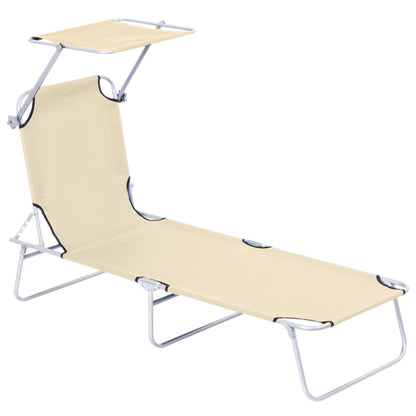 Outsunny Folding Sun Lounger with Canopy, Reclining Sunbed with 4-Position Adjustable Backrest, 600D Oxford Cloth, Portable Garden Lounger Recliner Chair for Beach, Camping, Patio, Beige