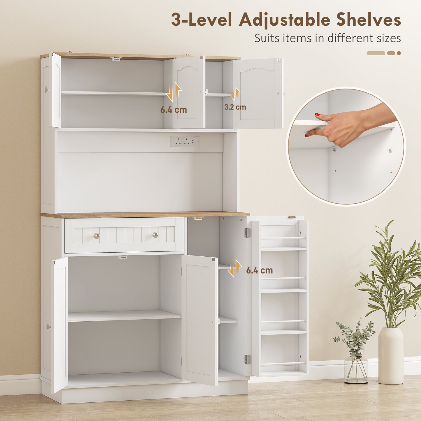 HOMCOM 173 cm Tall Kitchen Cupboard with Charging Station, Pantry Storage Cabinet with Adjustable Shelves and 4 Door Racks