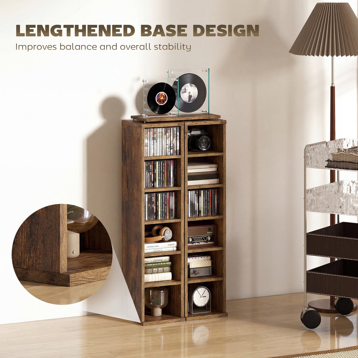 HOMCOM Set of 2 CD Media Display Shelf Unit Tower Rack with Adjustable Shelves, Rustic Brown