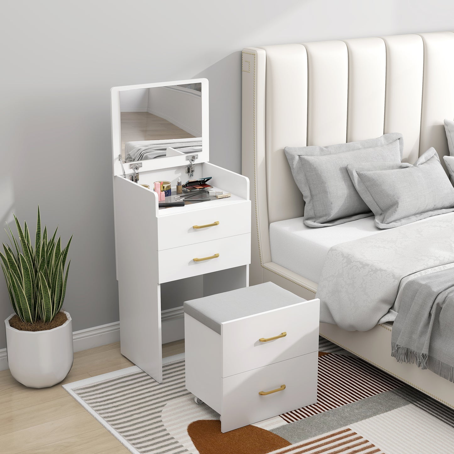 HOMCOM Compact Dressing Table and Stool Set, with Storage - White