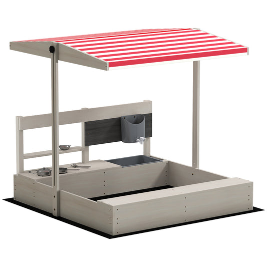 Outsunny Kids Wooden Sandbox w/ Canopy, Kitchen Toys, Seat, Storage, for Ages 3-7 Years