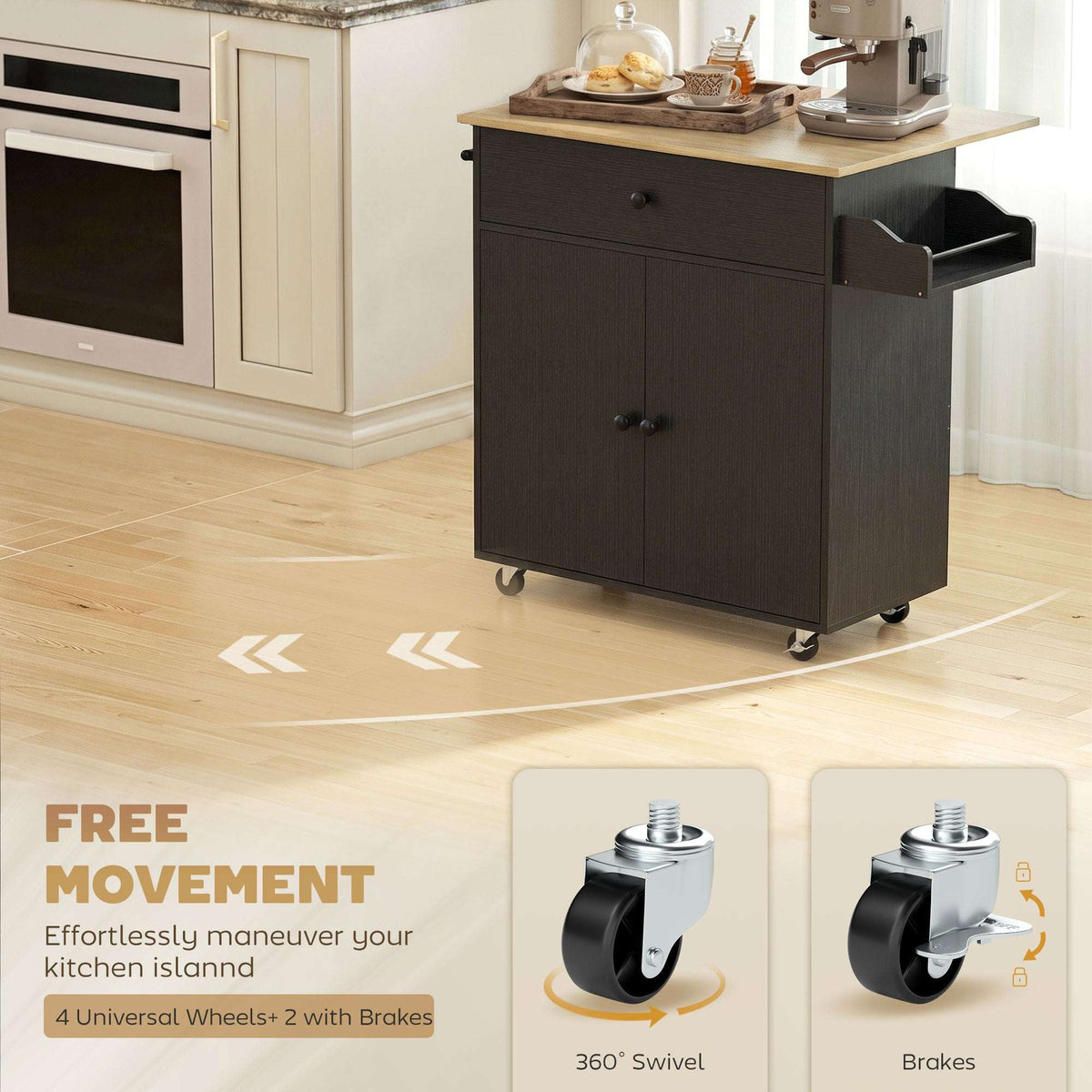 HOMCOM Kitchen Island with Drop Leaf, Rolling Kitchen Storage Trolley on Wheels with Drawer, Spice Rack and Towel Rack, Black