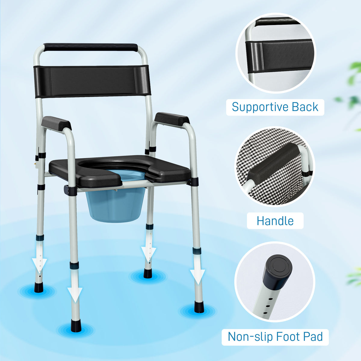 HOMCOM Lightweight Non-Slip Commode, Height Adjustable Commode Toilet Chair with Arms and Back, Black