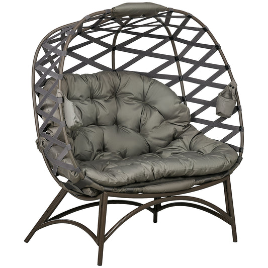 Outsunny 2 Seater Egg Chair Outdoor, Folding Weave Garden Furniture Chair with Cushion, Cup Pockets - Sand Brown