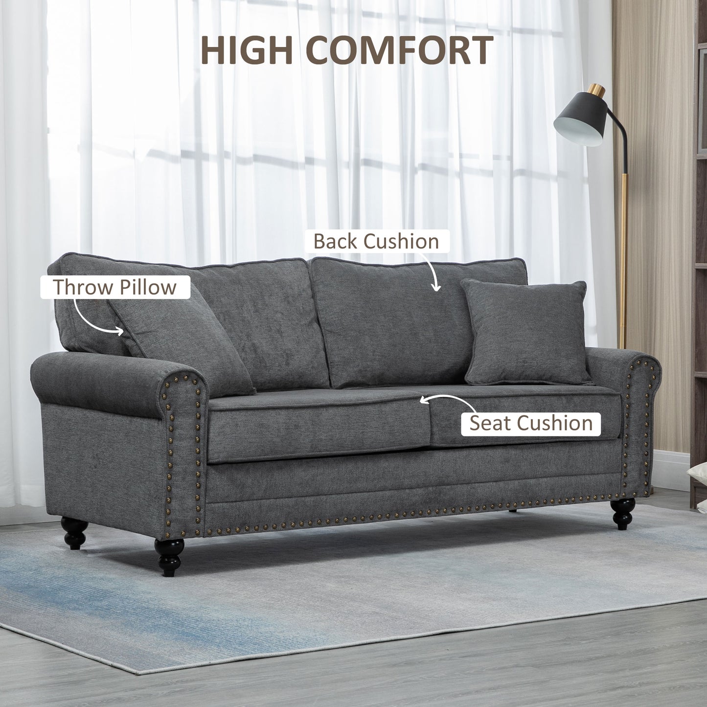 HOMCOM 196cm 3 Seater Sofa, Fabric Sofa with Rubber Wood Legs, Nailhead Trim, 2 Pillows, Small Upholstered Couch Settee for Living Room, Guest Room, Grey--ChewyGames-ChewyGames