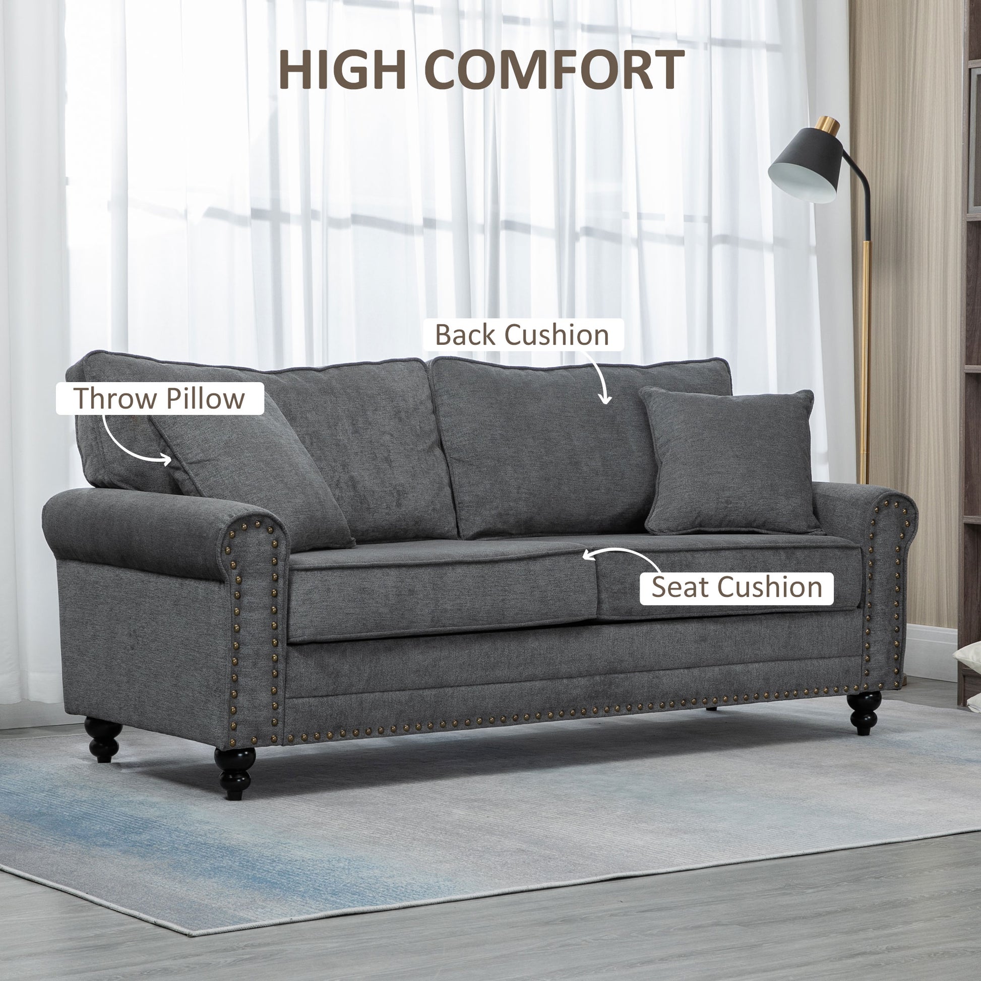 HOMCOM 196cm 3 Seater Sofa, Fabric Sofa with Rubber Wood Legs, Nailhead Trim, 2 Pillows, Small Upholstered Couch Settee for Living Room, Guest Room, Grey--ChewyGames-ChewyGames