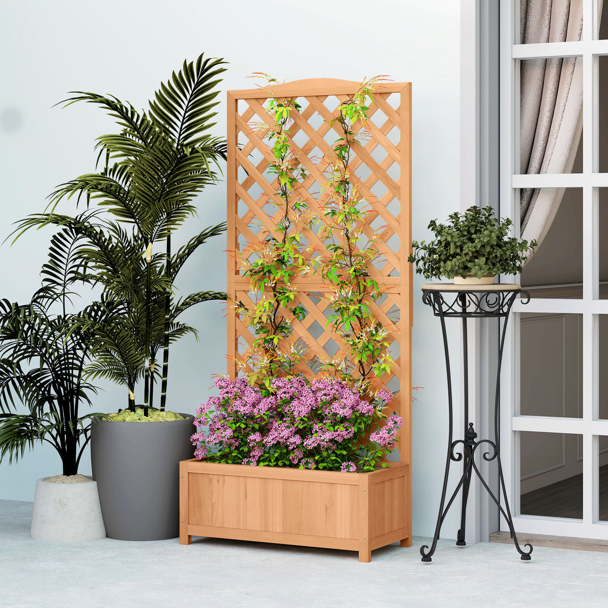 Outsunny Wooden Planter with Trellis, Freestanding Raised Bed for Garden with Lattice, Outdoor Planter Box for Climbing Plants, Vines, Flowers, 76 x 36 x 170 cm, Natural