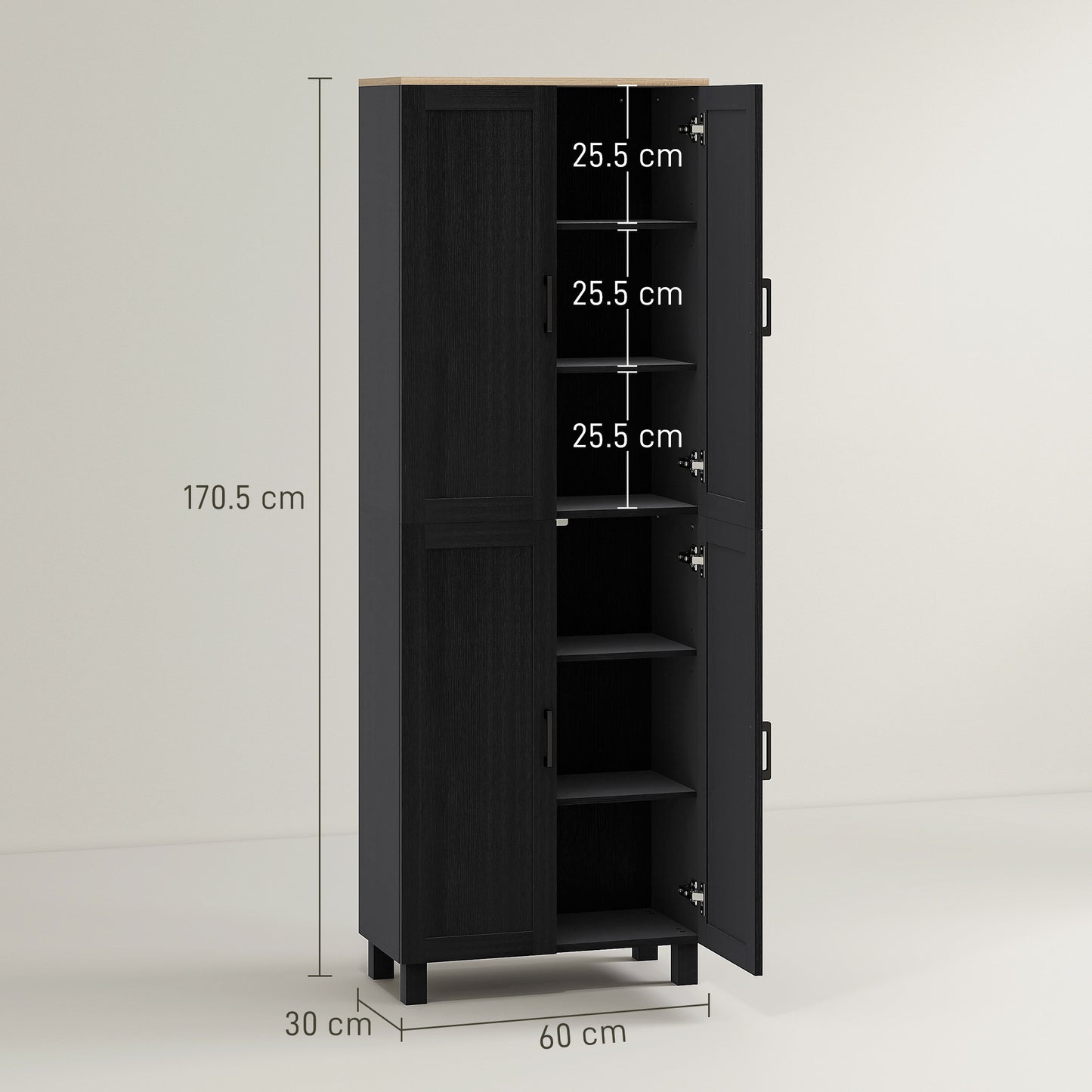 HOMCOM Freestanding Kitchen Cupboard, 4-Door Storage Cabinet with Adjustable Shelves, Modern Kitchen Pantry, 170cm, Black