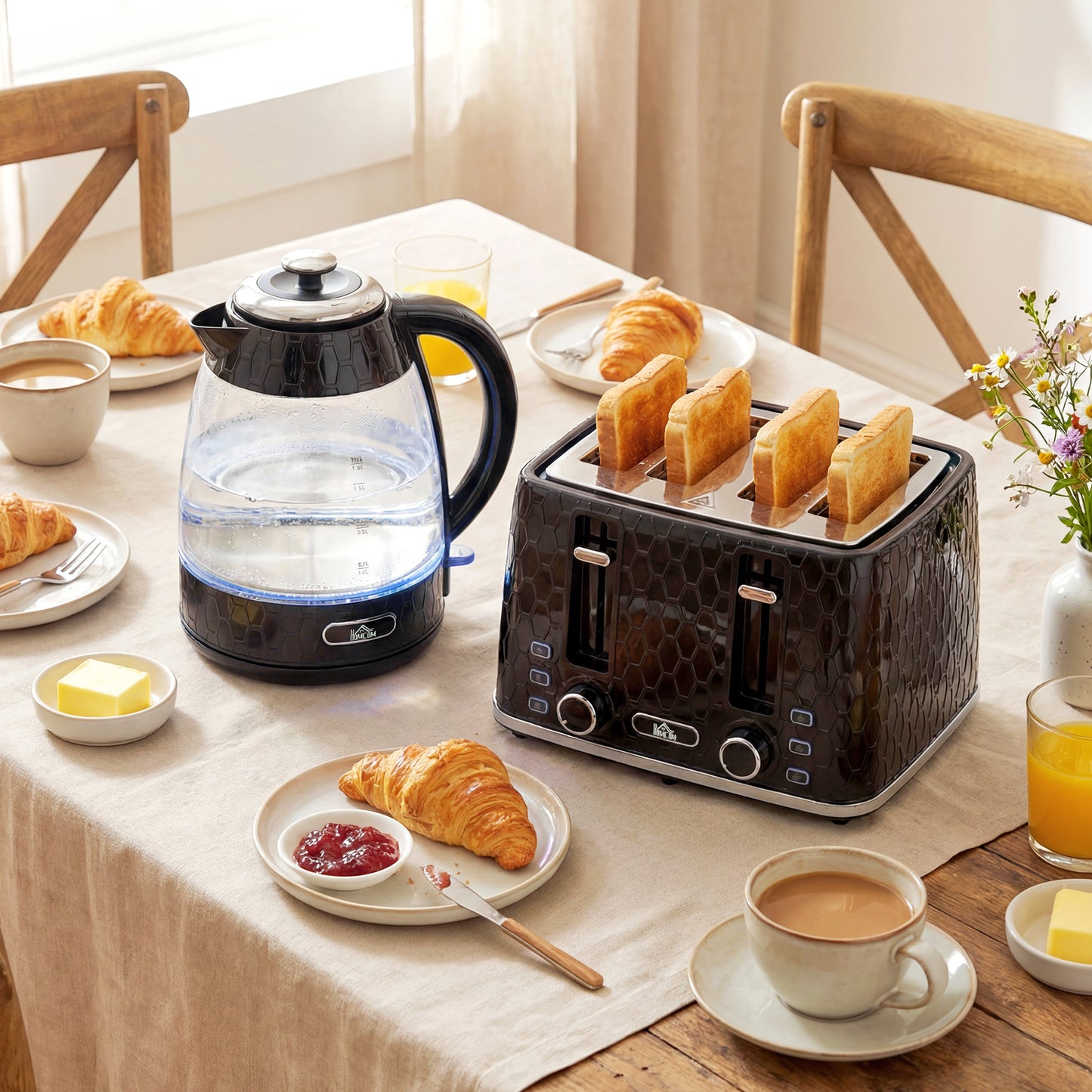 HOMCOM Kettle and Toaster Set, 1.7L 3000W Rapid Kettle with Strix Thermostat, 4 Slice Toaster with 7 Browning Controls, Black