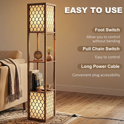 HOMCOM Floor Lamp with Shelves, Modern Tall Standing Lamp with Fabric Lampshades, Zipper Switch and Dual Light, Rustic Brown