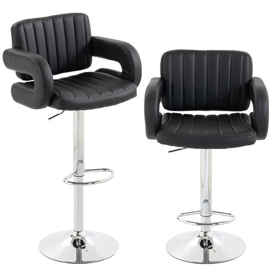 HOMCOM Bar Stools Adjustable Swivel Kitchen Chairs with Backrest Armrest Set of 2 PU Leather Black