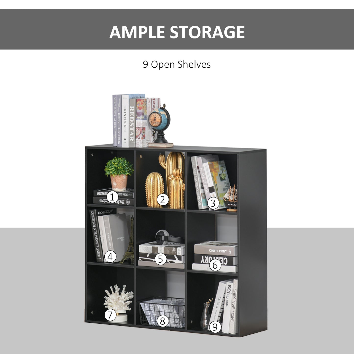HOMCOM 3-tier 9 Cubes Storage Unit Particle Board Cupboard Bookcase Organiser Home Office Shelves, Black--ChewyGames-ChewyGames