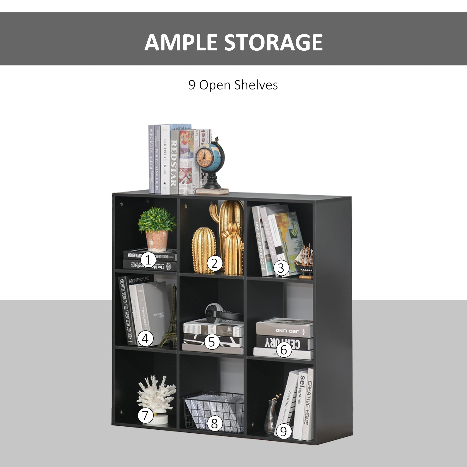 HOMCOM 3-tier 9 Cubes Storage Unit Particle Board Cupboard Bookcase Organiser Home Office Shelves, Black--ChewyGames-ChewyGames