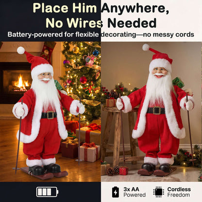 HOMCOM 2ft Singing Skiing Santa Claus, Standing Christmas Animated Santa Figure with Ski Board, Sack, Sound/Touch Activated
