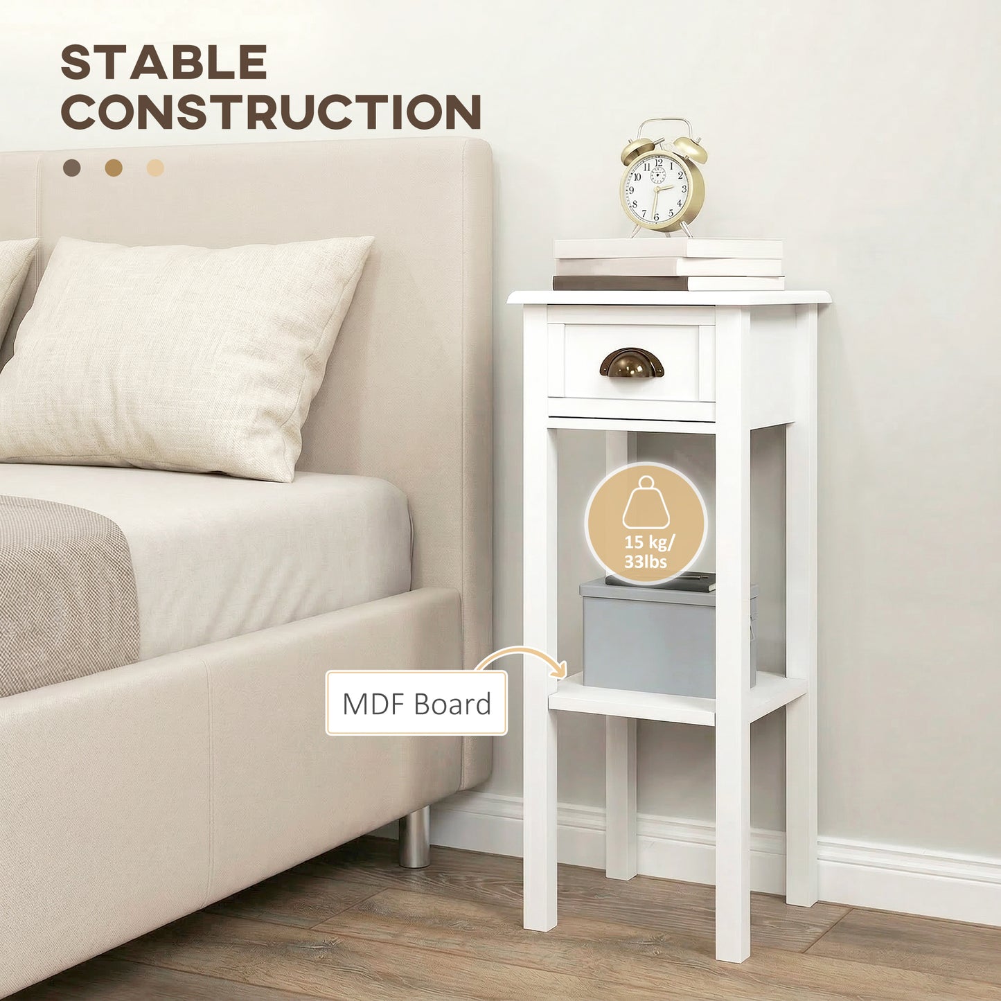 HOMCOM 2-Tier Side Tables Set of 2 with Drawer and Shelf, 2 Pieces Bedside Tables for Living Room and Hallway, White