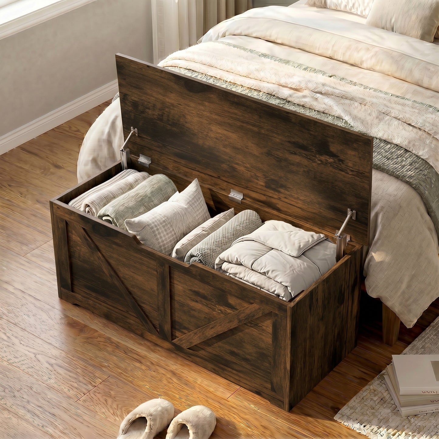 HOMCOM 127L Home Storage Box, with Safety Hinges - Rustic Brown Wood-Effect