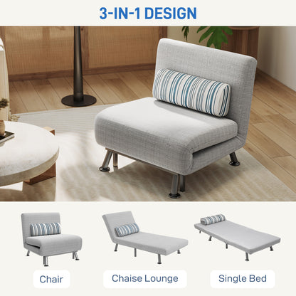 HOMCOM Single Sofa Bed, 1 Person Sleeper Foldable Lounge with Pillow, Light Grey
