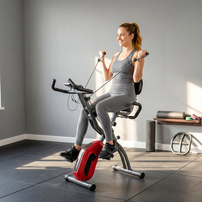 SPORTNOW 4-In-1 Folding Exercise Bike with Resistance Bands, Bluetooth App, 8-Level Magnetic Resistance, LCD Display, Red