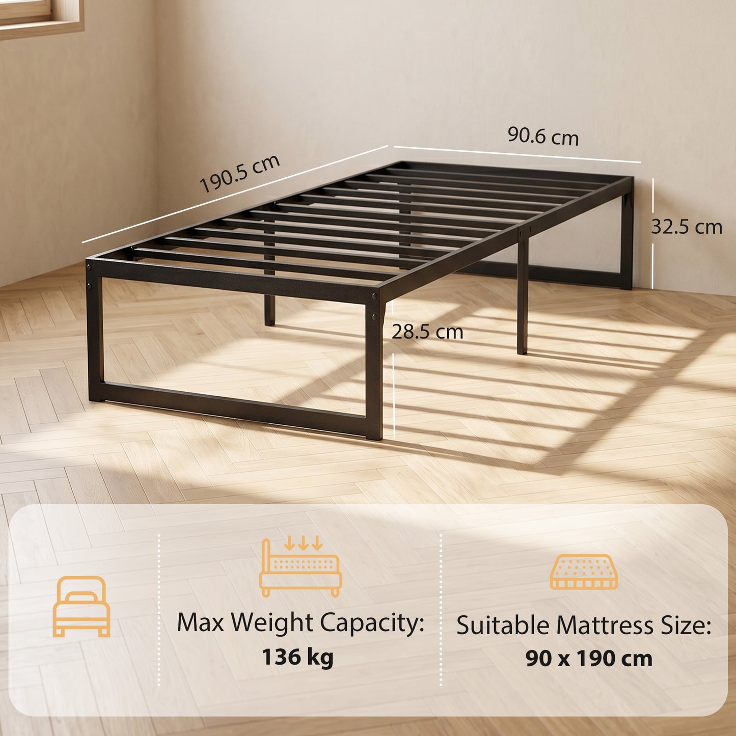 HOMCOM 3ft Single Bed Frame with Underbed Storage and Steel Slat Support, 32.5 cm Height, Noise-Free, Black