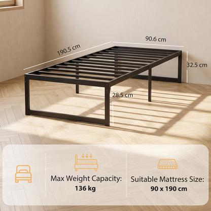 HOMCOM 3ft Single Bed Frame with Underbed Storage and Steel Slat Support, 32.5 cm Height, Noise-Free, Black