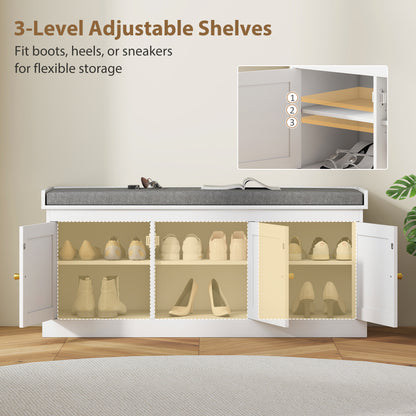 HOMCOM Shoe Storage Bench with Woven Rattan Doors, Seat - White