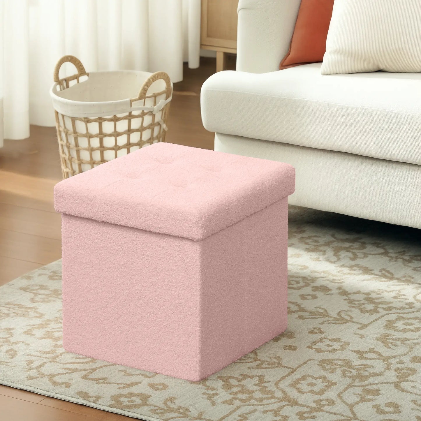 HOMCOM Foldable Sherpa Fleece Storage Ottoman, 38 x 38 x 38 cm, Pink