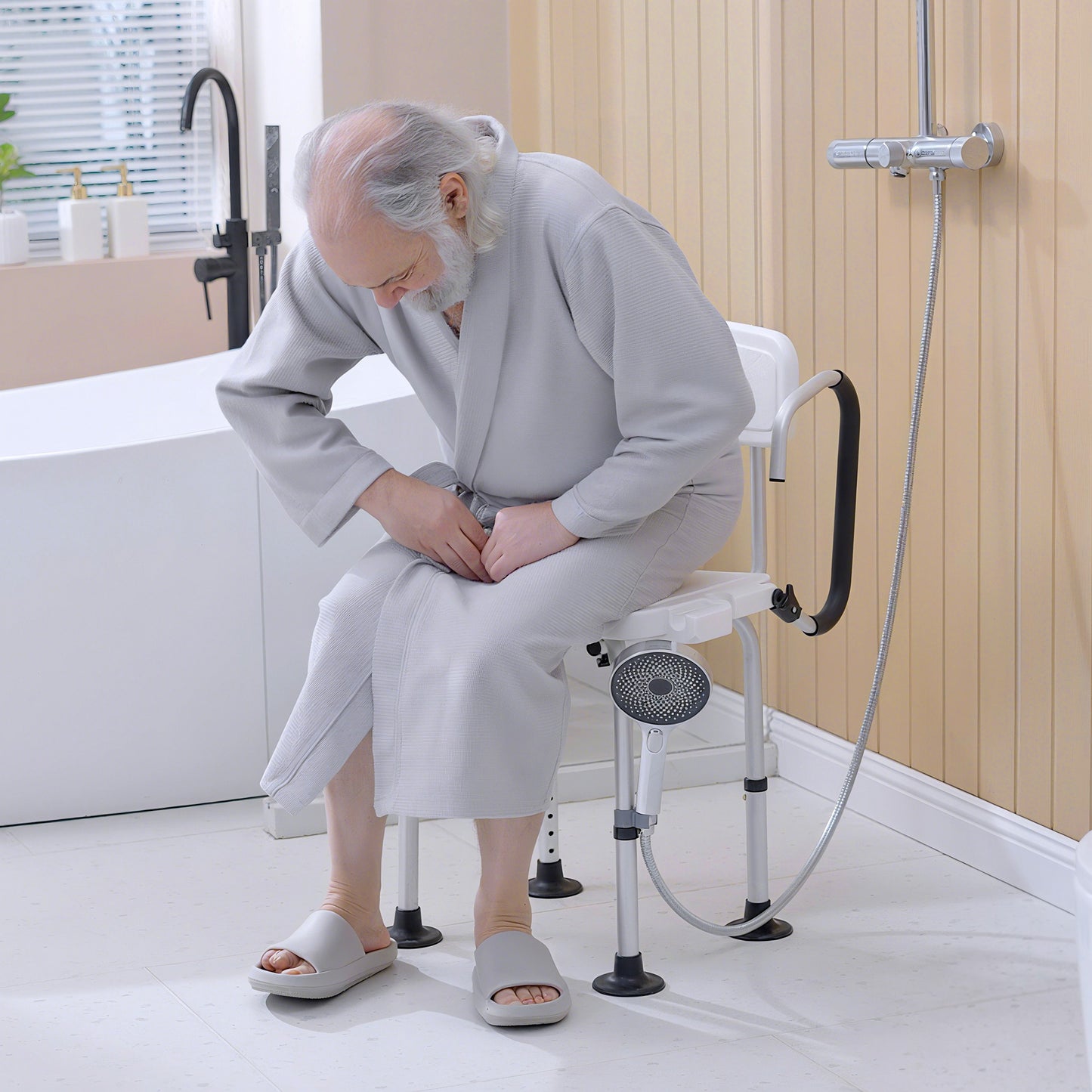 HOMCOM Shower Chair for the Elderly and Disabled, Height Adjustable Shower Stool with Back and Flipped Padded Arms, Suction Foot Pads, White
