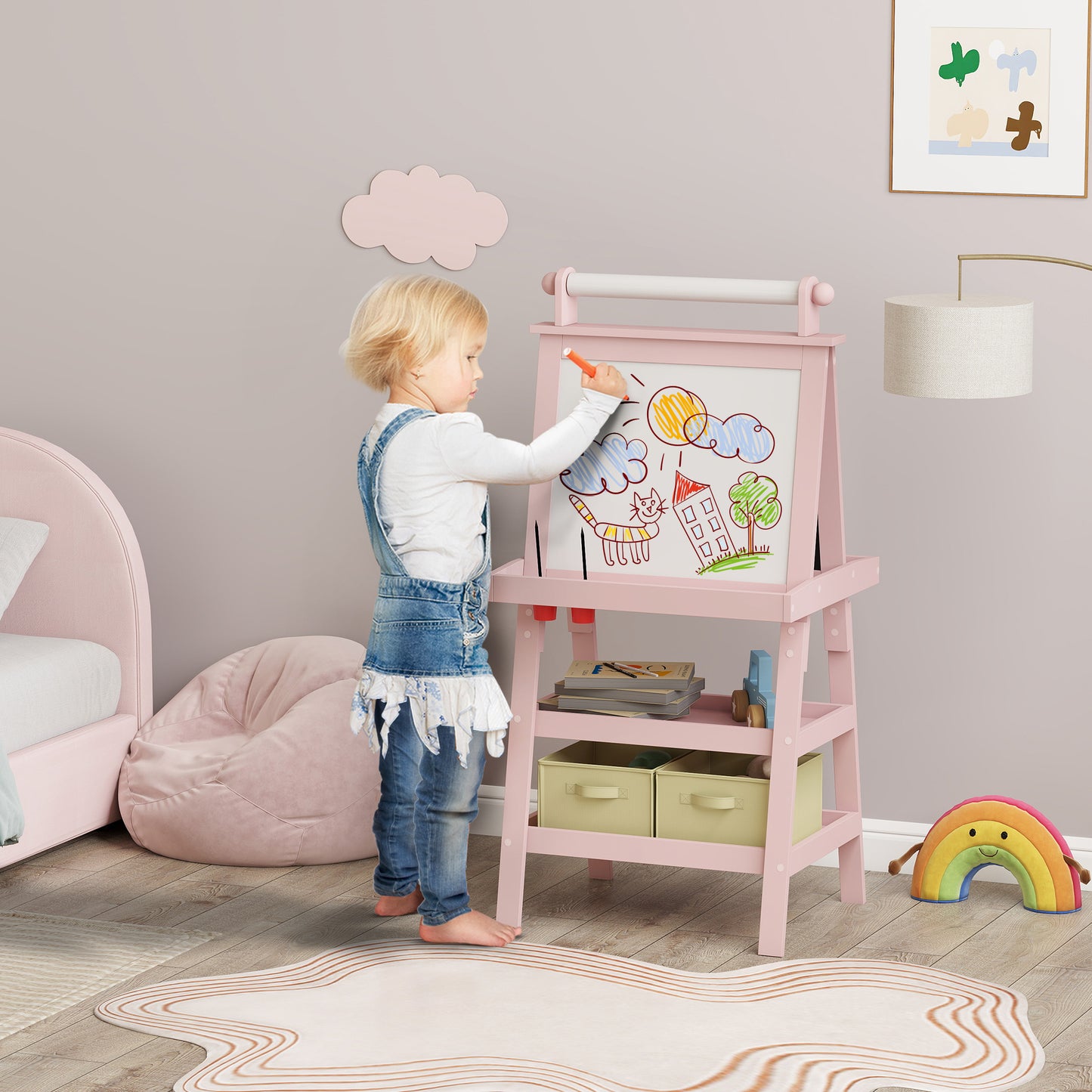 AIYAPLAY 3 in 1 Kids Easel Double-Sided Magnetic Whiteboard and Chalkboard with Paper Roll, Storage Baskets - Pink