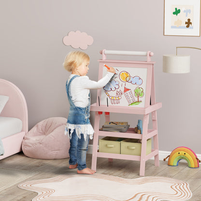 AIYAPLAY 3 in 1 Kids Easel Double-Sided Magnetic Whiteboard and Chalkboard with Paper Roll, Storage Baskets - Pink