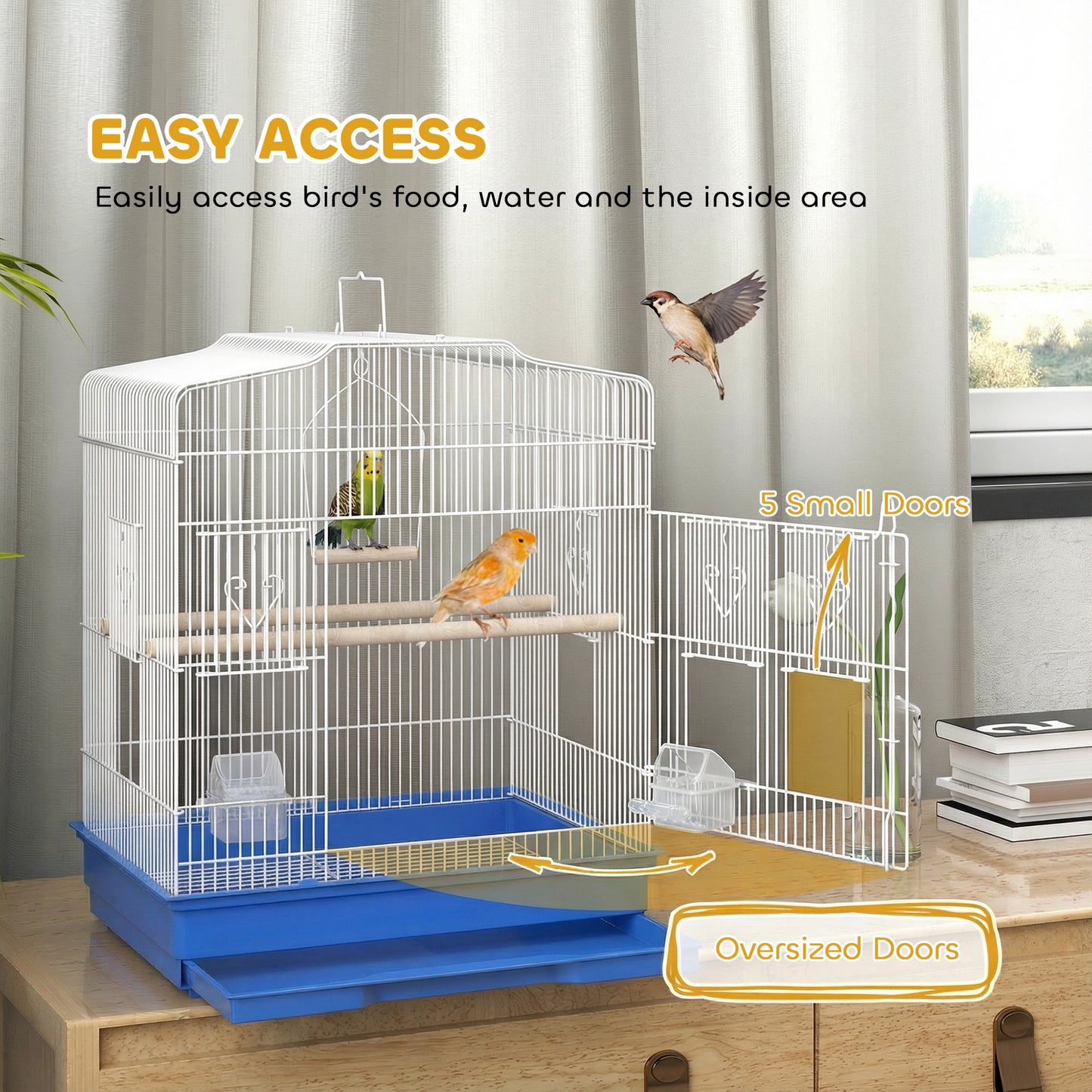 PawHut Large Metal Bird Cage with Perches, Food Bowls, Swing, for Budgies, Parakeets, Blue