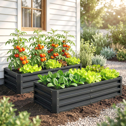 Outsunny Set of 2 Raised Beds for Garden, Galvanised Outdoor Planters for Herbs Vegetables, Use for Patio Balcony, Grey